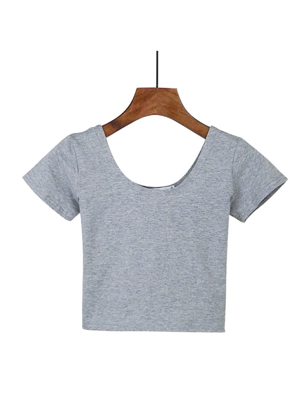Cotton tight-fitting navel-cut short-sleeved crop top