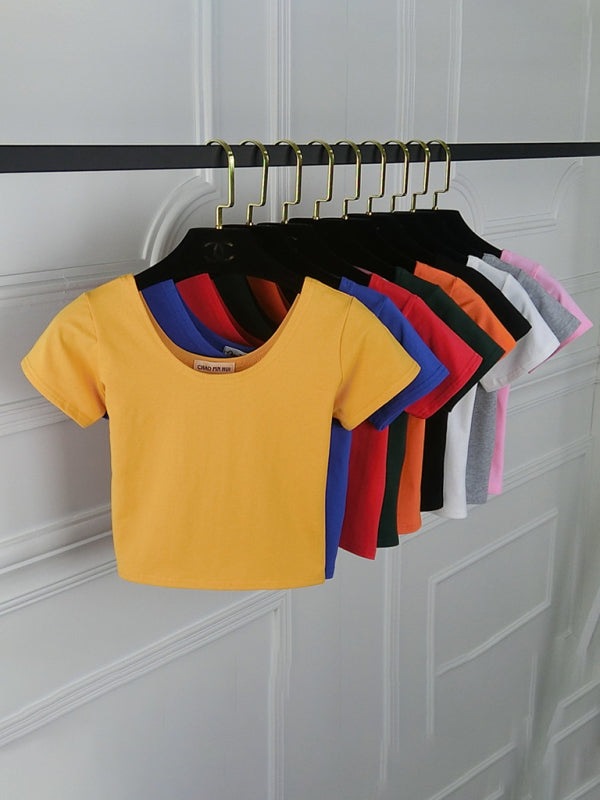 Cotton tight-fitting navel-cut short-sleeved crop top