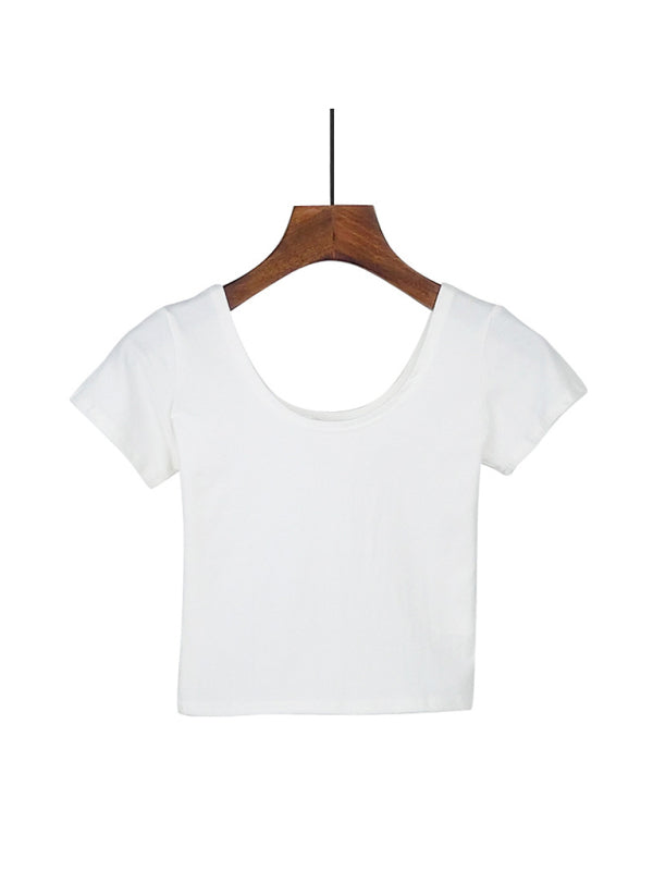 Cotton tight-fitting navel-cut short-sleeved crop top