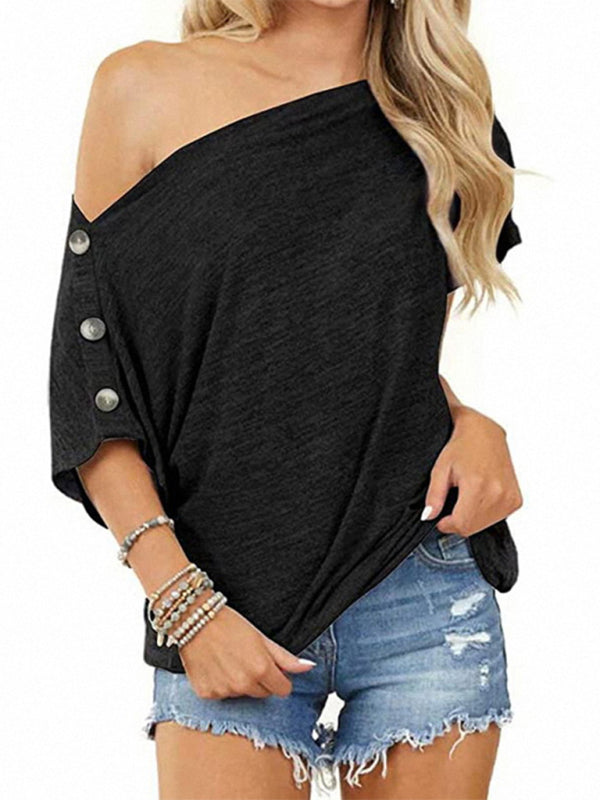 Women's Solid Color Off-the-shoulder Button Detail Top