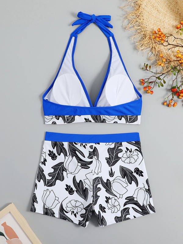 Women's High Waist Print Bottoms with Solid Halter Top