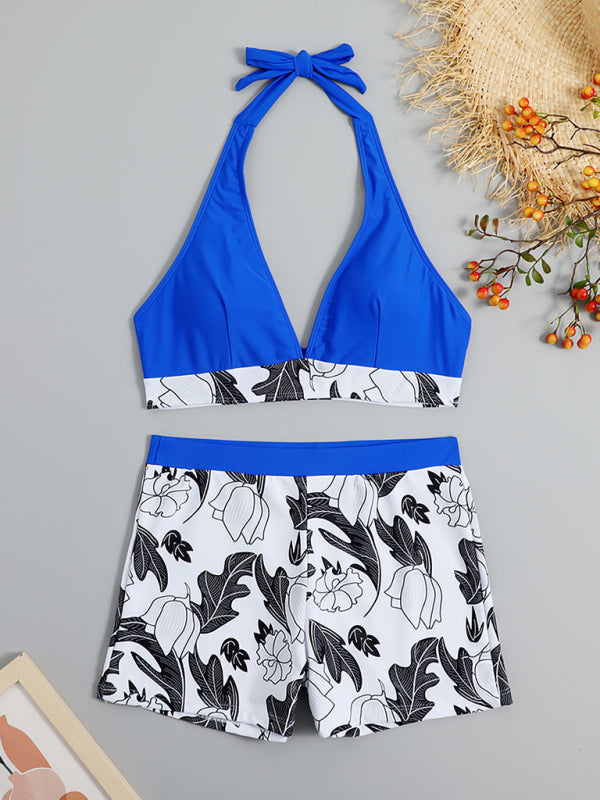 Women's High Waist Print Bottoms with Solid Halter Top