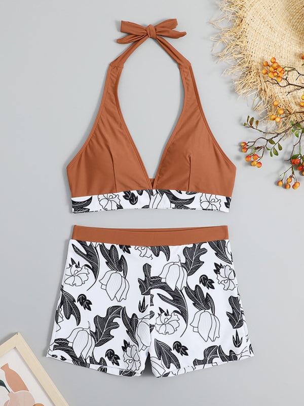 Women's High Waist Print Bottoms with Solid Halter Top