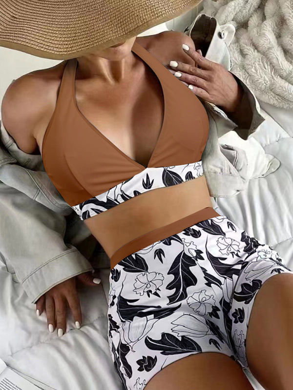 Women's High Waist Print Bottoms with Solid Halter Top