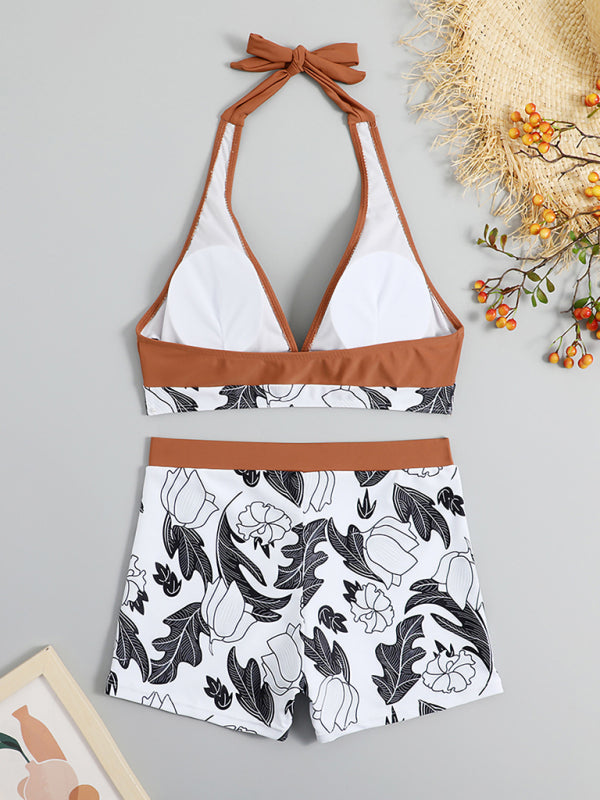 Women's High Waist Print Bottoms with Solid Halter Top