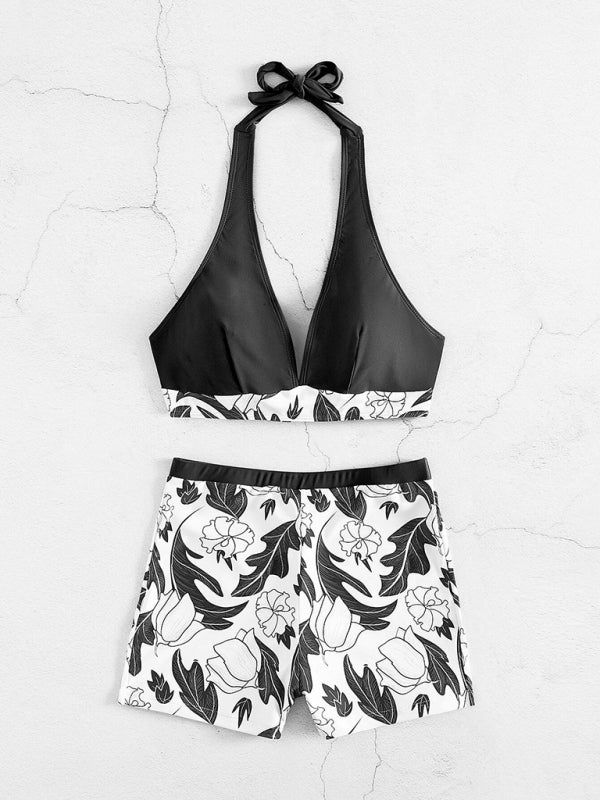Women's High Waist Print Bottoms with Solid Halter Top