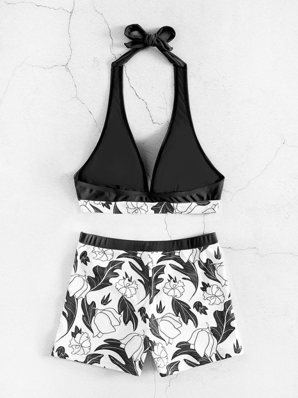 Women's High Waist Print Bottoms with Solid Halter Top