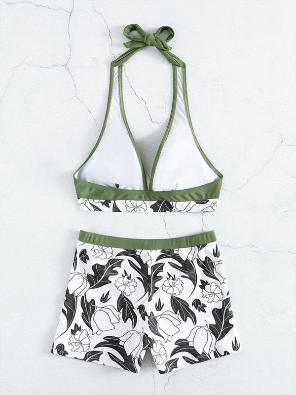 Women's High Waist Print Bottoms with Solid Halter Top