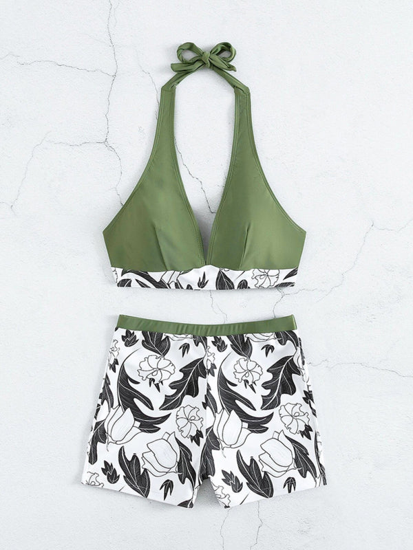 Women's High Waist Print Bottoms with Solid Halter Top