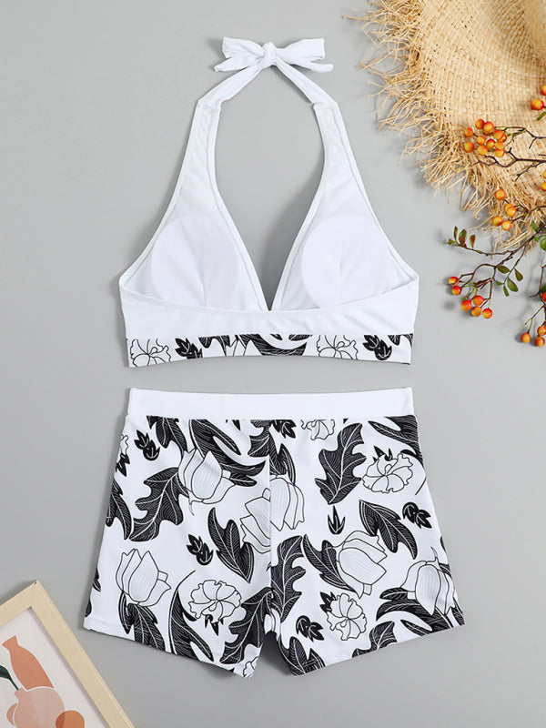 Women's High Waist Print Bottoms with Solid Halter Top