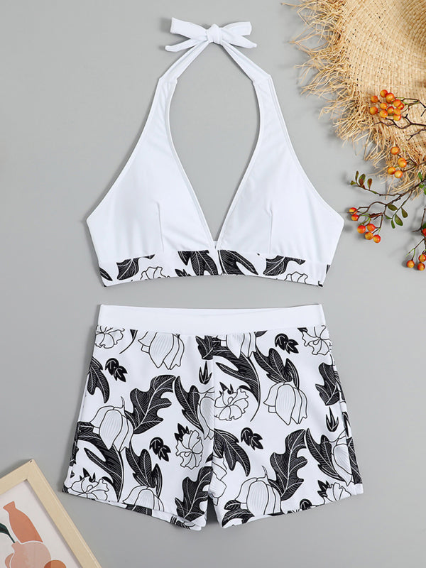 Women's High Waist Print Bottoms with Solid Halter Top