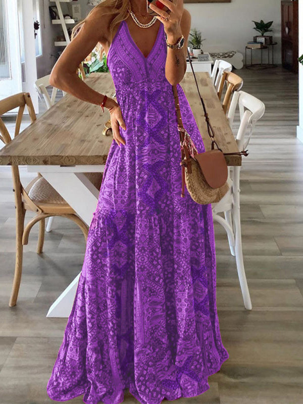 Women's Sexy Slip Skirt Bohemian Print Dress - Pink