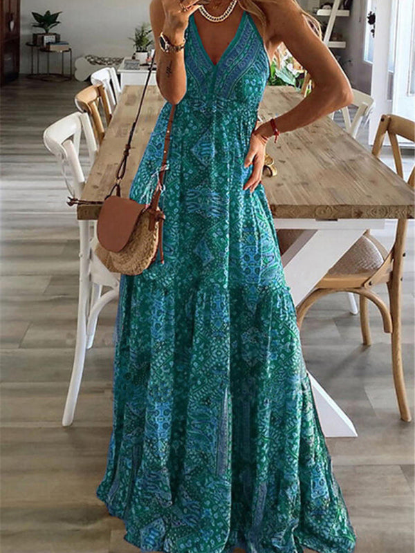 Women's Sexy Slip Skirt Bohemian Print Dress - Pink