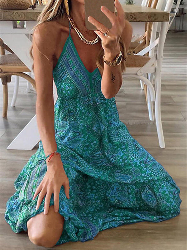 Women's Sexy Slip Skirt Bohemian Print Dress - Pink
