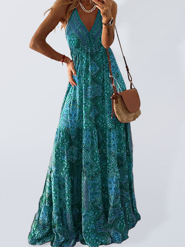 Women's Sexy Slip Skirt Bohemian Print Dress - Pink
