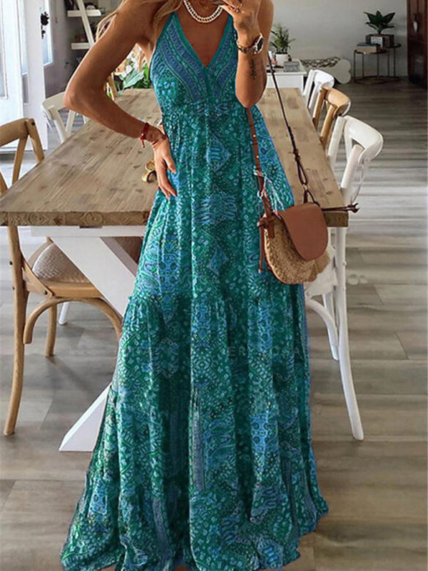 Women's Sexy Slip Skirt Bohemian Print Dress - Pink