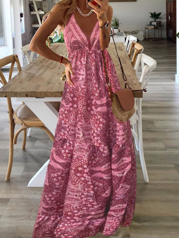 Women's Sexy Slip Skirt Bohemian Print Dress - Pink