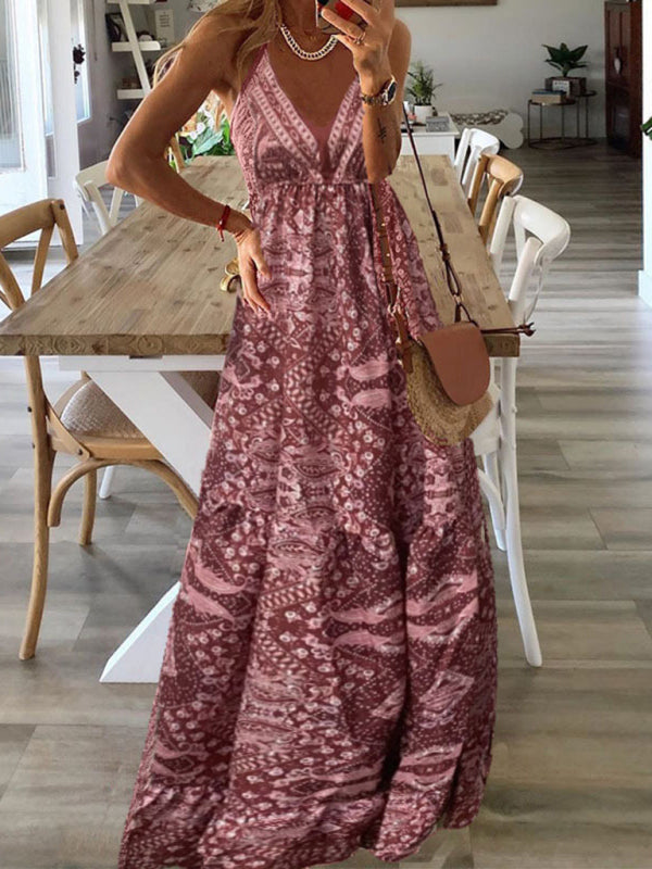 Women's Sexy Slip Skirt Bohemian Print Dress - Pink