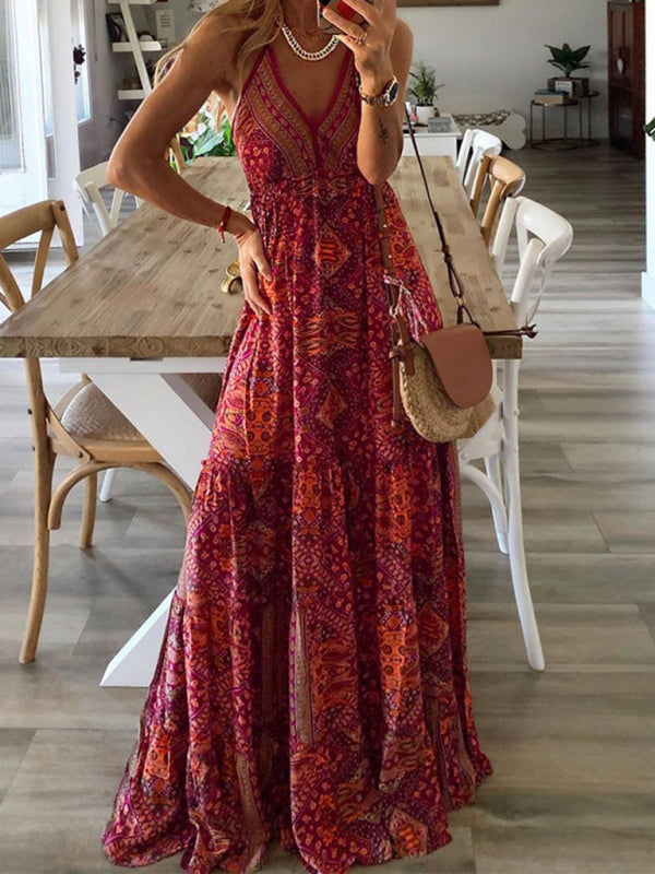Women's Sexy Slip Skirt Bohemian Print Dress - Pink