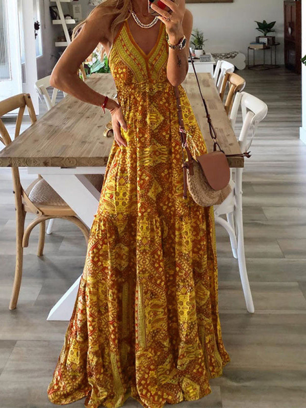 Women's Sexy Slip Skirt Bohemian Print Dress - Pink