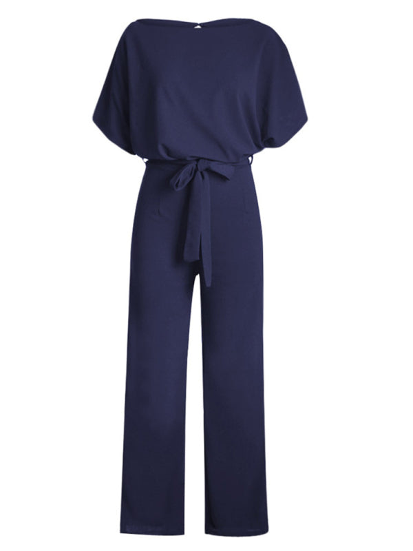 Women's Solid Color Crewneck Waist Tie Belt, This Short Sleeve Jumpsuit Pants