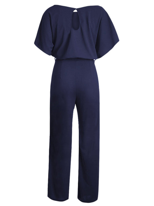 Women's Solid Color Crewneck Waist Tie Belt, This Short Sleeve Jumpsuit Pants