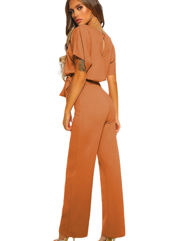 Women's Solid Color Crewneck Waist Tie Belt, This Short Sleeve Jumpsuit Pants
