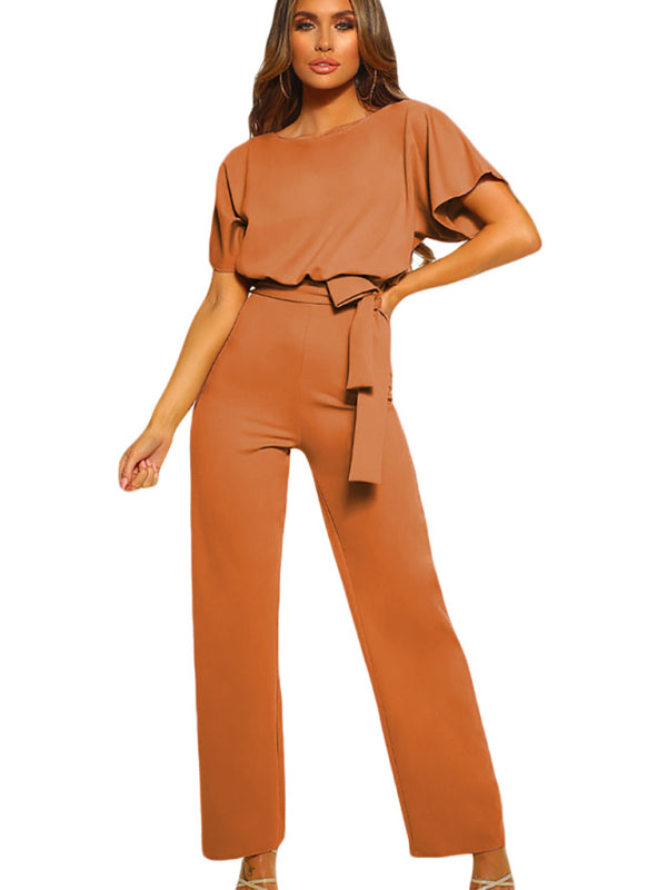 Women's Solid Color Crewneck Waist Tie Belt, This Short Sleeve Jumpsuit Pants