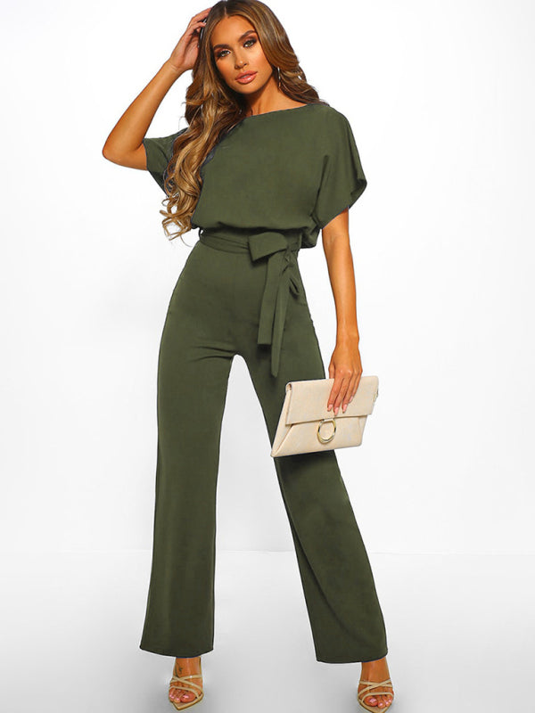 Women's Solid Color Crewneck Waist Tie Belt, This Short Sleeve Jumpsuit Pants