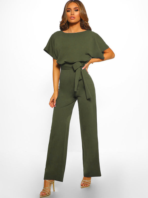 Women's Solid Color Crewneck Waist Tie Belt, This Short Sleeve Jumpsuit Pants