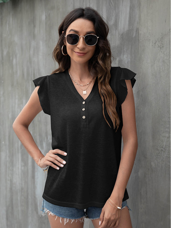 V-neck loose casual button ruffled sleeve top European and American T-shirt