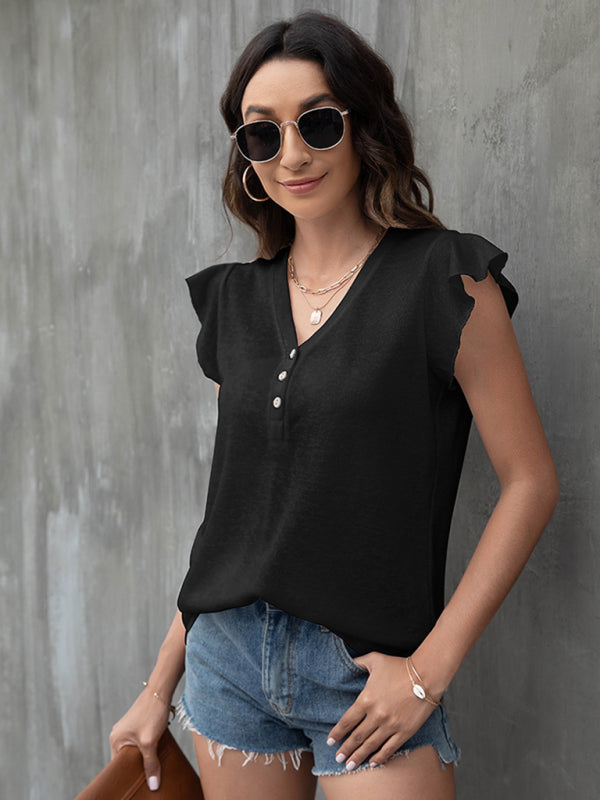 V-neck loose casual button ruffled sleeve top European and American T-shirt