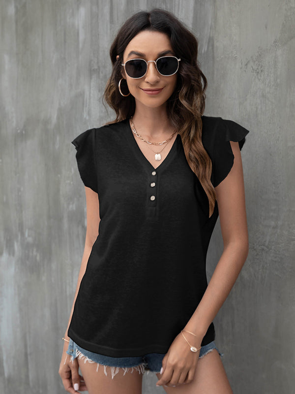 V-neck loose casual button ruffled sleeve top European and American T-shirt