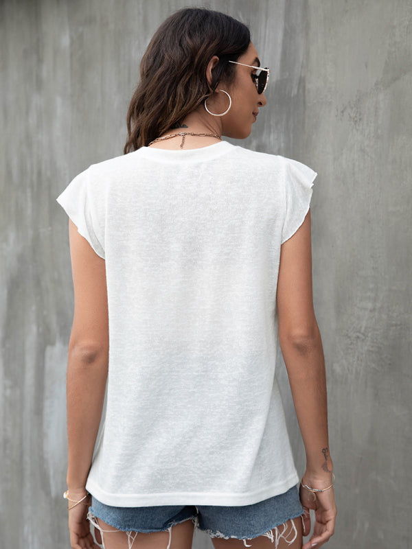 V-neck loose casual button ruffled sleeve top European and American T-shirt