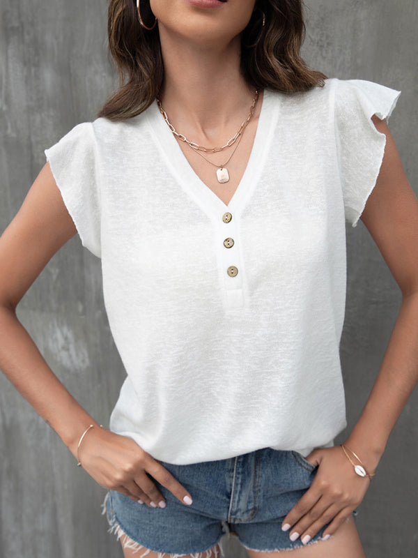 V-neck loose casual button ruffled sleeve top European and American T-shirt