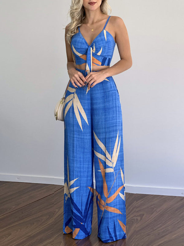 V-neck Top & High-waist Printed Pants Set