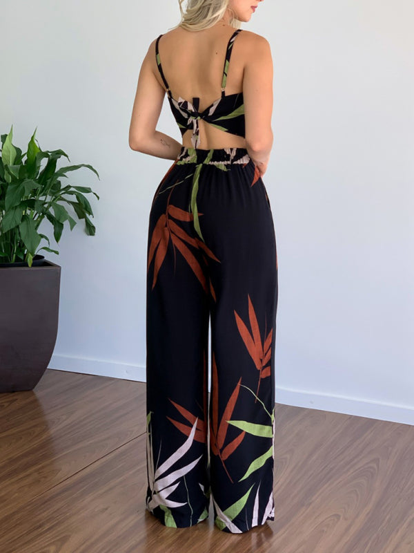 V-neck Top & High-waist Printed Pants Set