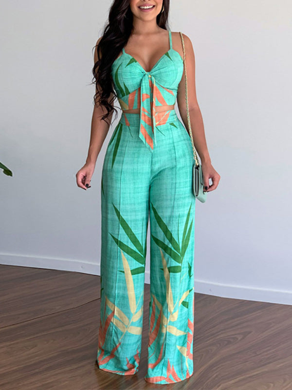 V-neck Top & High-waist Printed Pants Set