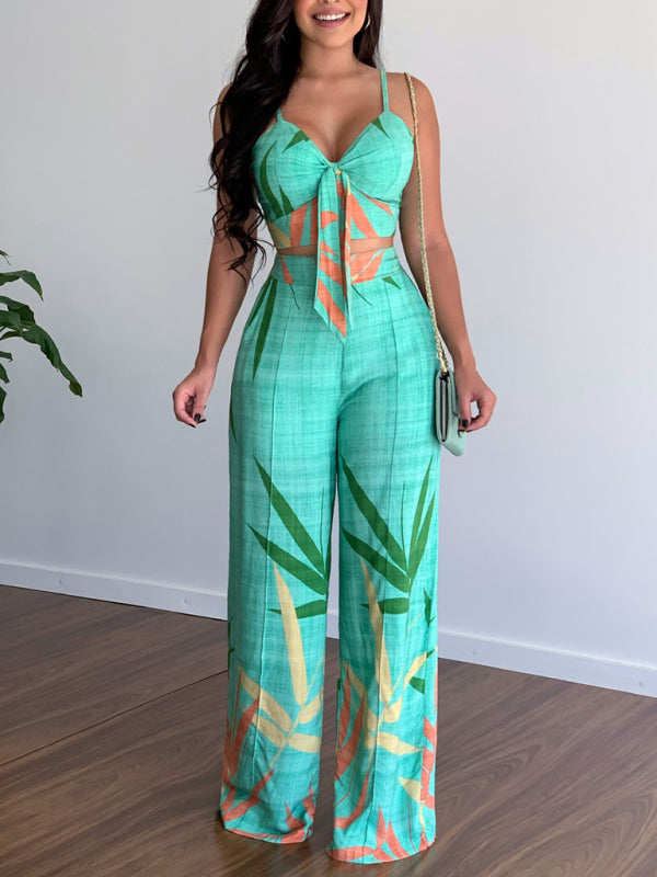 V-neck Top & High-waist Printed Pants Set
