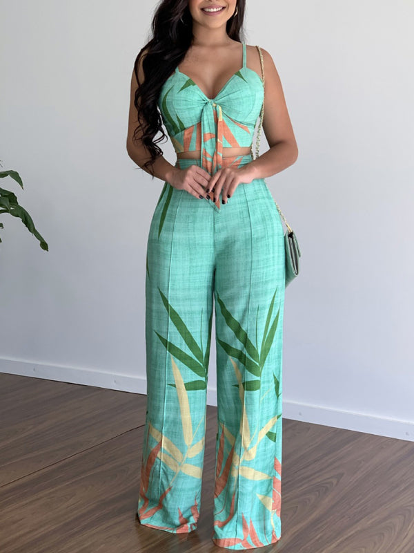 V-neck Top & High-waist Printed Pants Set