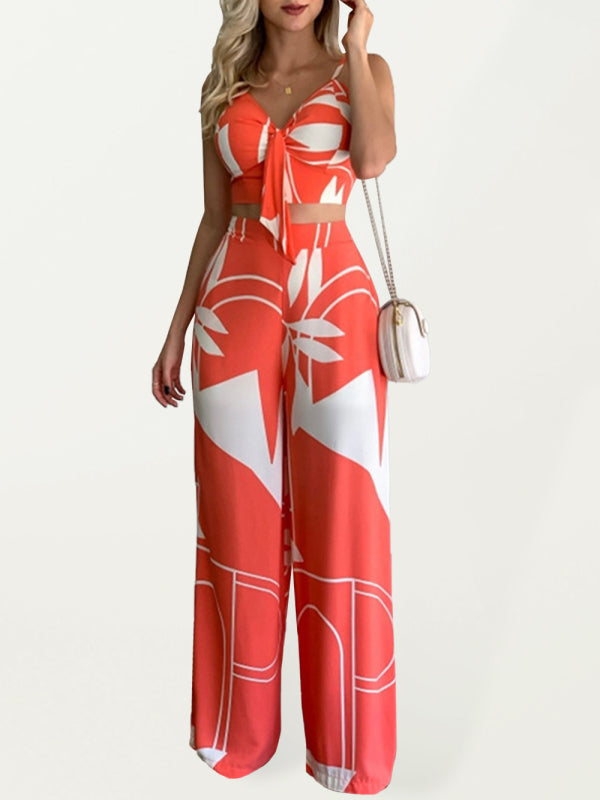V-neck Top & High-waist Printed Pants Set