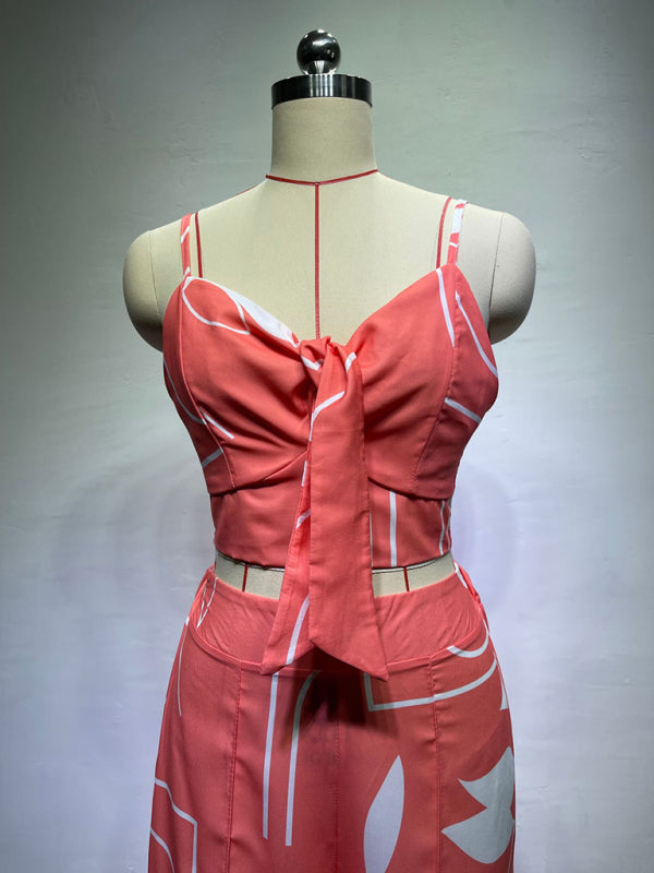 V-neck Top & High-waist Printed Pants Set