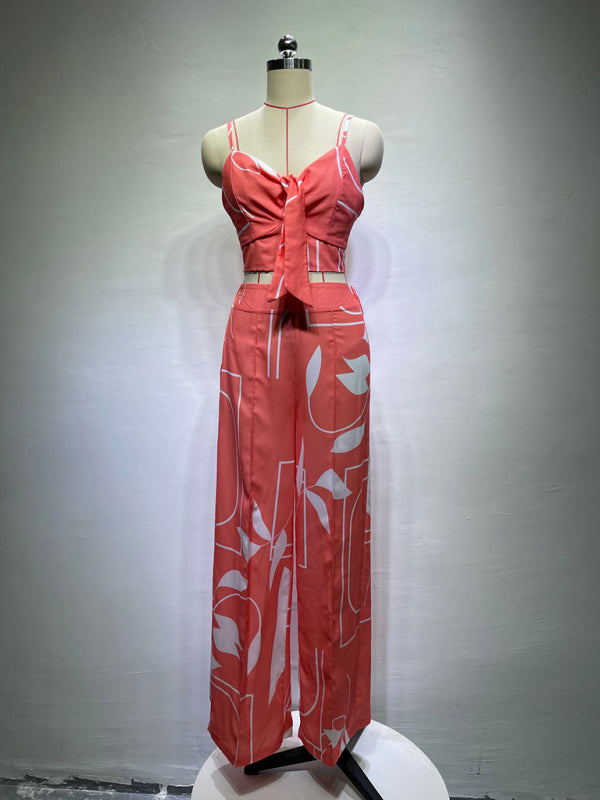 V-neck Top & High-waist Printed Pants Set