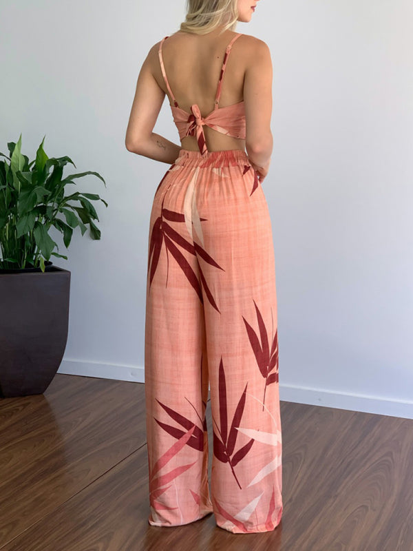 V-neck Top & High-waist Printed Pants Set
