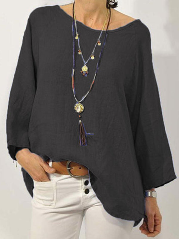 Top Solid Color Cotton Linen Round Neck Raglan Sleeve Cropped Sleeve Blouse