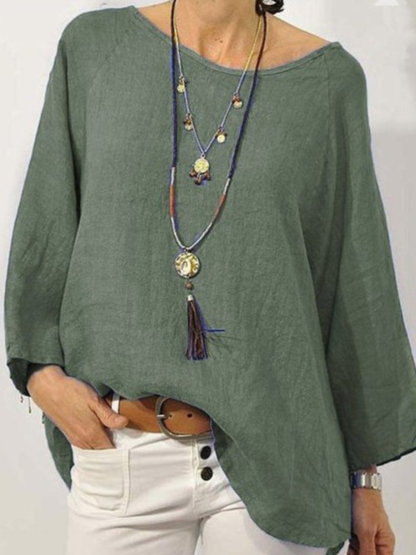 Top Solid Color Cotton Linen Round Neck Raglan Sleeve Cropped Sleeve Blouse