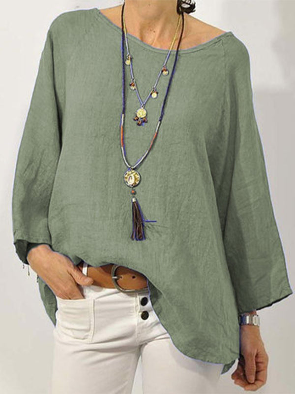 Top Solid Color Cotton Linen Round Neck Raglan Sleeve Cropped Sleeve Blouse