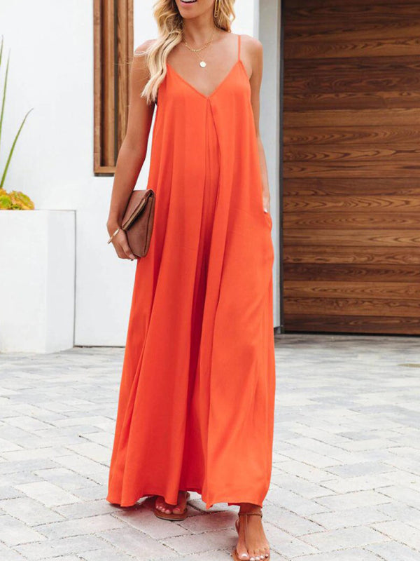 New cross-border solid color side pocket casual jumpsuit