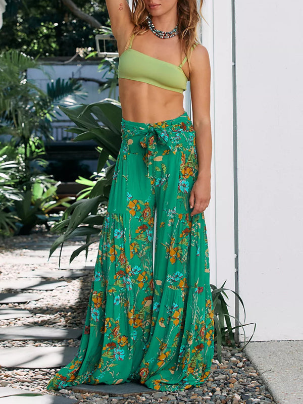 Women's printed loose casual holiday wind strappy wide-leg pants