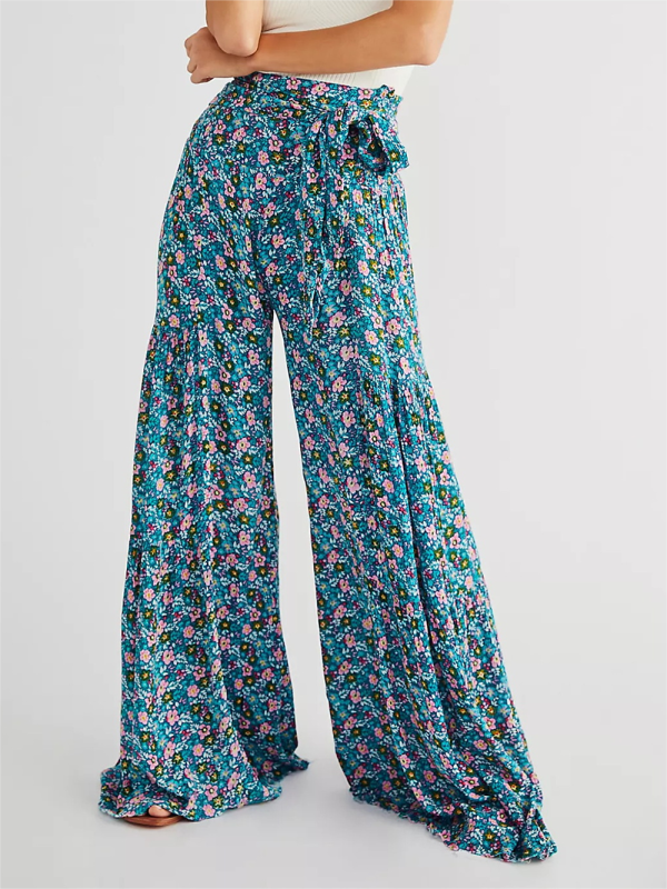 Women's printed loose casual holiday wind strappy wide-leg pants